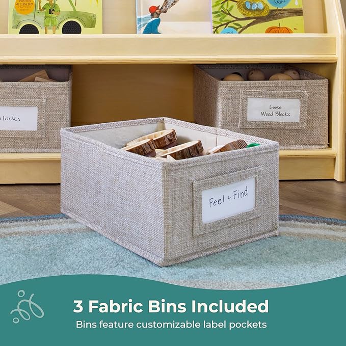 Guidecraft EdQ Book and Bin Display Natural with 3 Fabric Storage Bins: Wooden Multi-Purpose Bookcases and Toy Storage Organizer; Homeschool and Classroom Furniture