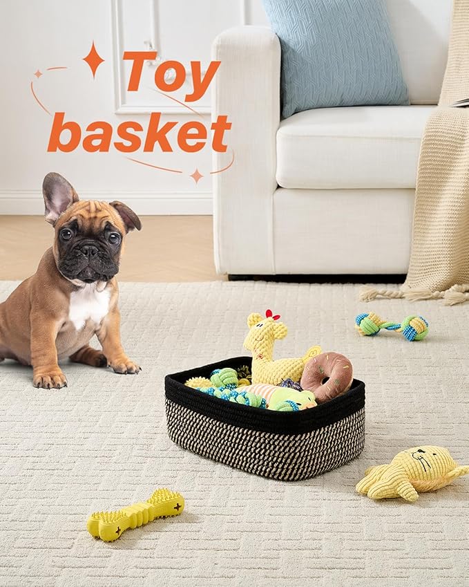 KALLAX Small Woven Basket, 12 x 8 x 4.5 Inches, Storage Basket for Organizing, Cute Small Rope Shelf Closet Cube Storage Bins Baskets for Shelves, Dog Toy Gift Baskets Empty, 3 Pack Black & Brown