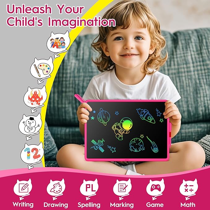 Teen Girl Birthday Gifts, 0 SMALL MODEL LCD Writing Tablet for Kids, Educational Toys for 3-10+ Years, Toddler Toys for 1-2 Year Old, Large Rechargeable Doodle Board Pad, Easter Basket Stuffers (Pink)