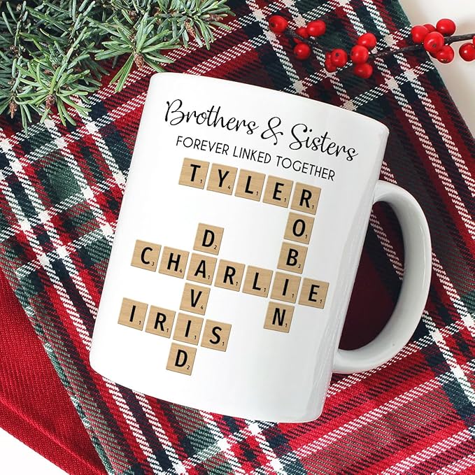 Family Forever Linked Together Custom Names Ceramic Mug, Crossword Puzzle Art, for Birthday, Anniversary or Special Occasions (Brothers & Sisters Forever Linked Together White Mug Ver 2)