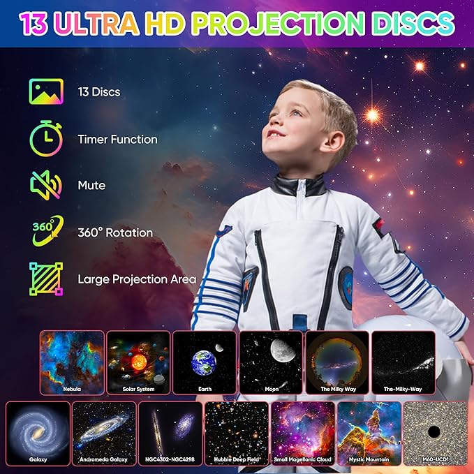 Galaxy Projector, 13 in 1 HD Planetarium Star Projector for Bedroom, 360 Rotating Star Projector Light with Adjustable Knob and Timer for Kids, Ceiling, Gifts, Room Decoration