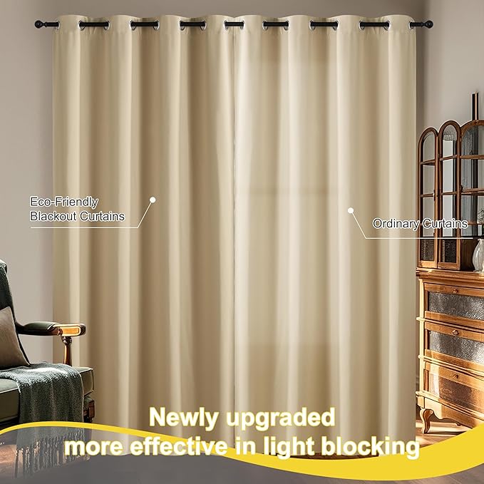 NICETOWN 100% Blackout Curtains 84 inch Long for Bedroom, Total Blackout Thermal Insulated Grommet Long Window Curtains 2 Panels Set, 2 Panels, Biscotti Beige, 52 inch Wide