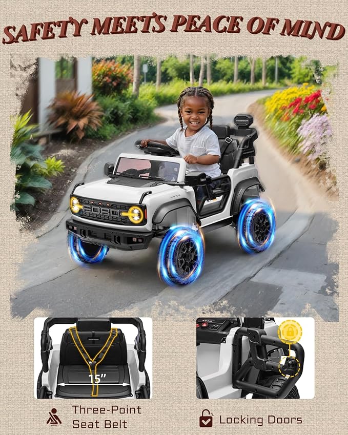 Ford Bronco Raptor 12V Toddler Ride on Toys, Safe Kids Ride on Truck with Remote Control, Children Electric Cars with 4 Wheels Suspension, Radio, Music, Bluetooth (12V, White)