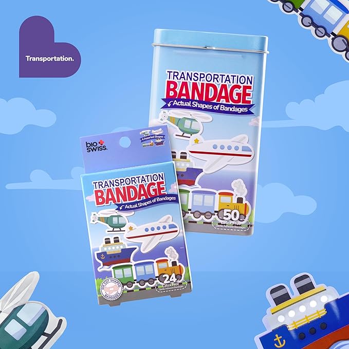 BioSwiss Bandages, Transportation Shaped Self Adhesive Bandage, Latex Free Sterile Wound Care, Fun First Aid Kit Supplies for Kids, 50 Count