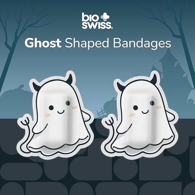 BioSwiss Bandages, Halloween Ghost Shaped Self Adhesive Bandage, Latex Free Sterile Wound Care, Fun First Aid Kit Supplies for Kids, 24 Count
