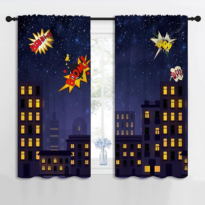Super Hero Rod Pocket Blackout Curtains for Boy Girl Bedroom, Exploding City Starry Cartoon Skyline Thermal Insulated Home Window Drapes for Living Room Darkening, 42x45 inch