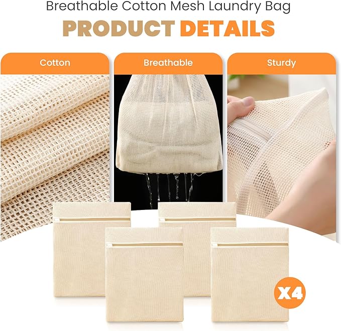 4Pcs Large Cotton Mesh Laundry Bags for Delicates,Breathable Mesh Garment Bag for Washing Machine,Travel Wash Bags with Zipper for Bras,Underwear,Socks,Clothes,Laundry Dorm Room Essentials(L)