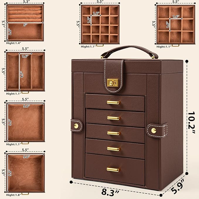 AKOZLIN Jewelry Box Organizer Functional Leather Jewelry Storage Case for Women Girls Ring Necklace Earring Bracelet Holder Organizer with Mirror Brown