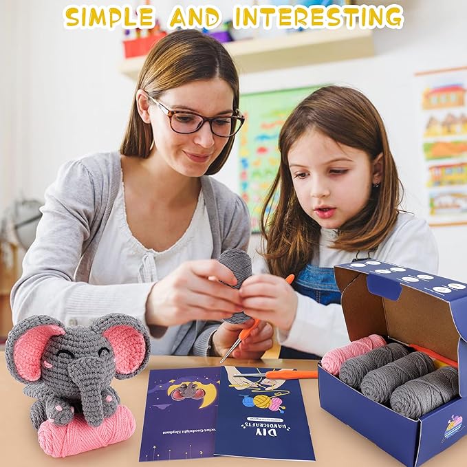 Crochet Kit for Beginners - Elephant Crochet Kits with Step-by-Step Video Tutorials, Beginner Crochet Kit for Adults, Crochet Animal Kit for Kids, Goodnight Elephant Crocheting Set (Grey)