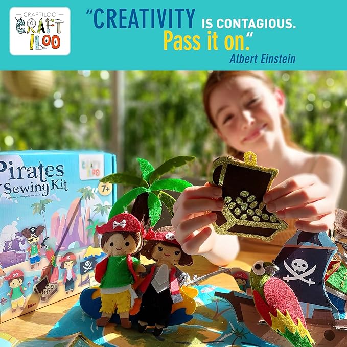 CRAFTILOO Pirates Pre-Cut Fun Kids Sewing Kit for Kids Ages 8-12 Children Beginners Sewing kit Kid Crafts Make Your Own Felt Pillow Plush Craft Kit Girls and Boys Art Craft Kits Learn to Sew Kit