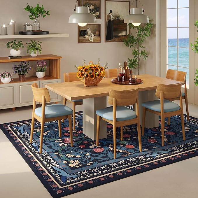 5x7 Washable Rug Vintage Floral Botanical Area Rug Non Slip Low Pile Large Rugs for Living Room, Bedroom, Farmhouse, Dining Room, Kids Playroom, Blue