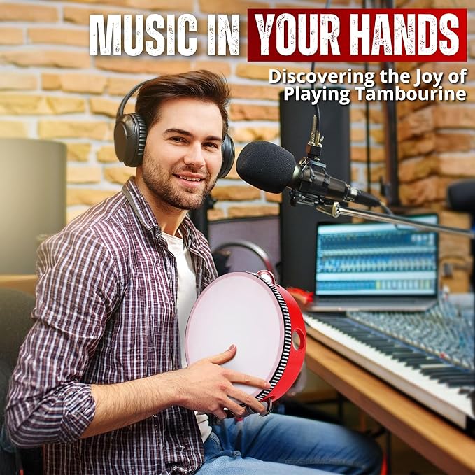 Flexzion Wooden Round Tambourine for Kids and Adults 6" Inch Single Row 8 Pair Jingles, Red Handheld Percussion Instrument for Beginner and Professional Tambourine Player