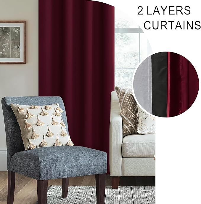 XWZO 100% Blackout Curtains with Tiebacks- Rod Pocket Heat and Full Light Blocking Window Panels & Thermal Insulated Draperies for Living Room Wide Window, Burgundy, W60 x L63, Set of 2