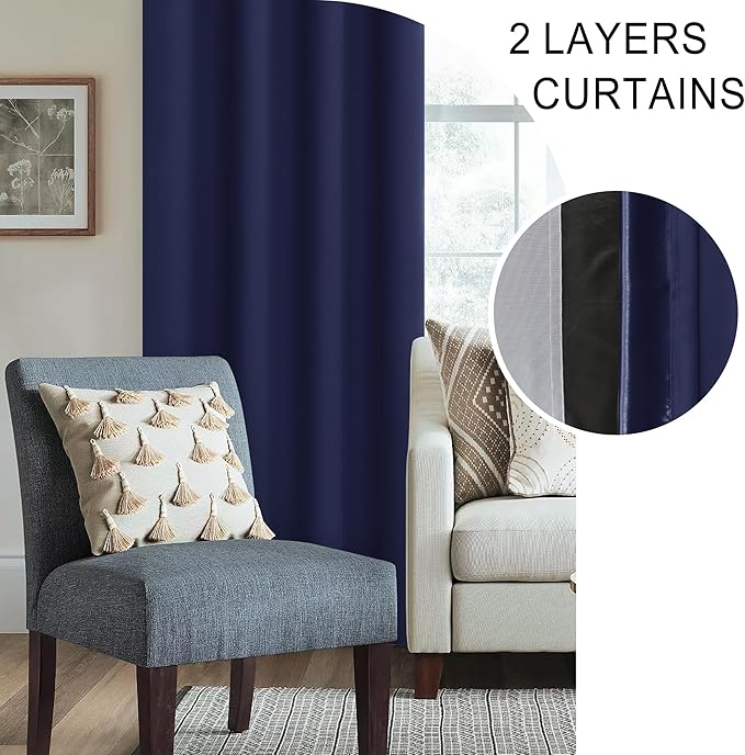 XWZO Full Shading Blackout Curtains 84 Inches Length with Tiebacks- Heat and Light Blocking Rod Pocket Window Drapes with Black Liner Backing for Bedroom/Kid's Room, Navy Blue, W42 x L84, Set of 2
