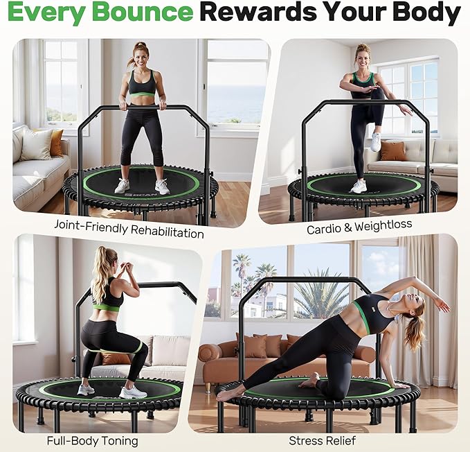 BCAN 40"/48" Mini Rebounder Trampoline for Adults with Bar, 450/550LBS Fitness Trampoline with Bungees, Adjustable Handle, Stable & Quiet, Indoor Outdoor, Whole-Body Workout & Relaxation at Home