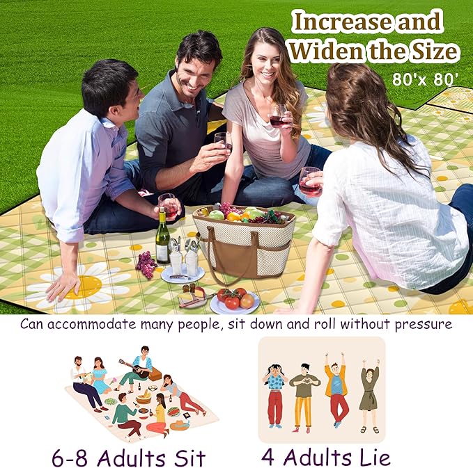 Extra Large Picnic Blanket Waterproof,80"x 80"Foldable Machine Washable Beach Blanket,Outdoor Blanket for 6-8 Adults,Suitable for Indoor Crawling,Park Beach,Camping,Hiking,Family Travel(Sunflower)