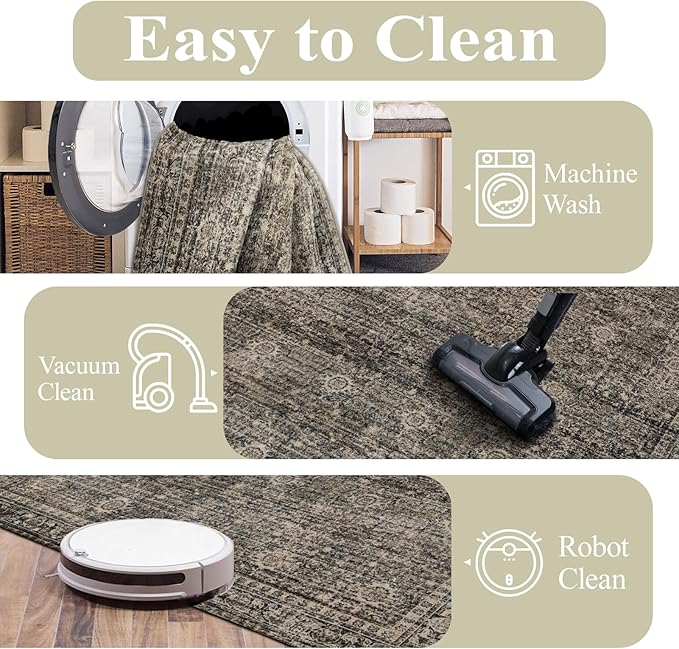 Washable Area Rugs 8x10, Large Rugs for Living Room, Carpet for Bedroom, Soft Faux Wool Retro Dining Room Rug, Non-Slip Backing Resistant Low Pile Vintage Print Rug for Home Office (Brown)