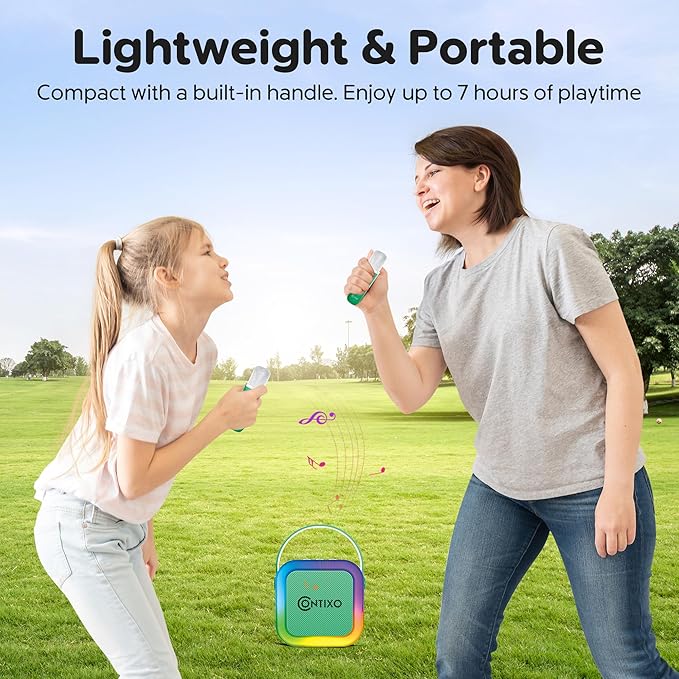 Contixo KS1A Kids Mini Karaoke Machine with LED Lights, 7–10H Playback, Dual Wireless Mics, Magic Voice Effects, Bluetooth Speaker for Children, Portable Singing Toy Gift for Boys & Girls, Green