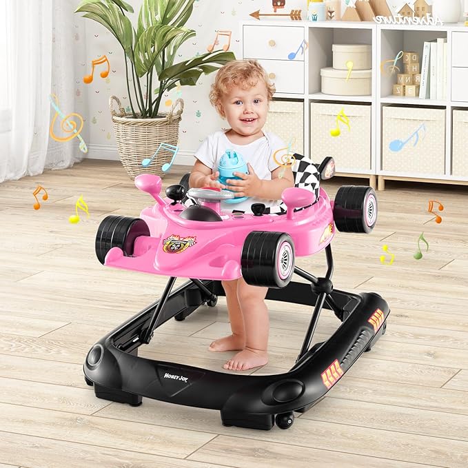 HONEY JOY Baby Walker, 4-in-1 Foldable Infant Activity Push Walker, Toddler Car Walker w/Adjustable Heights, Music, Lights, Removable Tray, Baby Walker with Wheels for Boys Girls 7-14 Months (Pink)