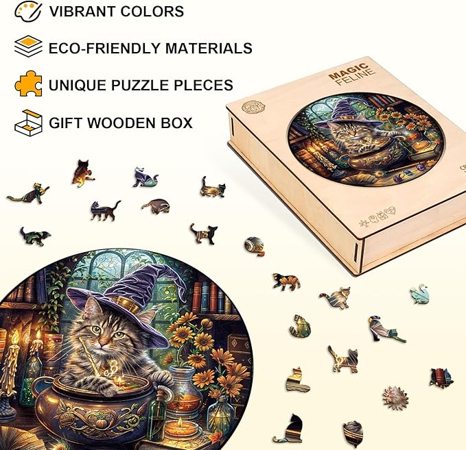 KAAYEE Wooden Puzzles for Adults, 3D Visual Effect Magic Feline Cat Wooden Jigsaw Puzzle Unique Shape Wood Puzzle Adult, 3D Effect Flat Puzzle Birthday Family Game (L-13.4 * 13.4 in-280pcs)