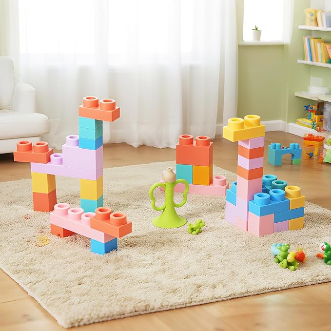 22 Pcs Soft Building Blocks for Toddlers 18M+, BPA - Free Sensory Teether Toys, Montessori STEM DIY Bricks, Early Learning Creative Stacking Set, Safe Baby Construction Toys