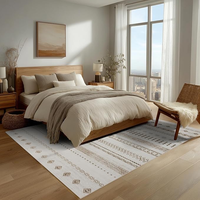 4x6 Washable Area Rug for Living Room, Carpet for Bedroom,Boho Soft Faux Wool Retro Dining Room Rug, Non Slip&Non-Shedding Resistant Low Pile Vintage Print Rug for Home Office (Beige)