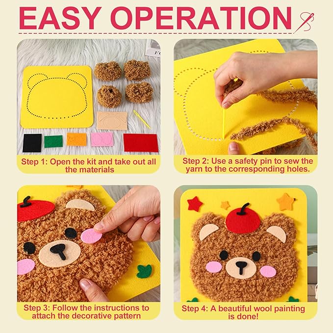 DIY Embroidery Doll Kit, Cartoon Animal Craft Sewing Kit for Kids, Felt Crafts, Beginner Sewing for Kids Ages 4-8 Plus - Helps Develop Fine Motor Skills (3PCS-Frog/Lion/Rabbit)