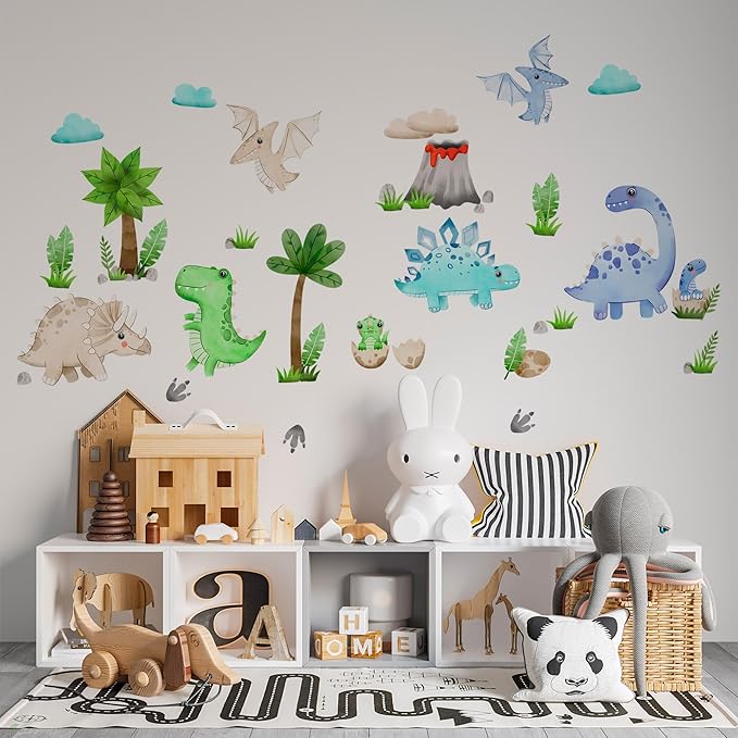Dinosaur Wall Decals by Lipastick - Peel and Stick Palm Tree Dino Jurassic-Themed Stickers for Baby Nursery, Kids Room, Toddler Bedroom, Playroom, Daycare, Classroom Decor -S Size