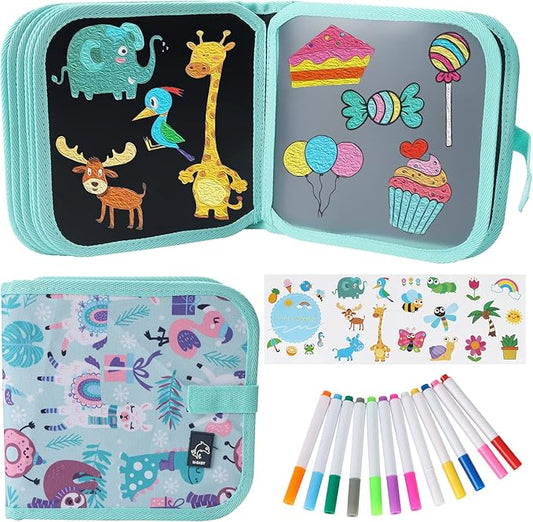Erasable Book Doodle Set for Kids,Magic Drawing Book for Kids,Reusable Drawing Book 12 Watercolor Pens 14 Page Drawing,Road Trip Car Game Writing Painting Set for Boys and Girls (Forest Party)