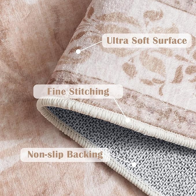 jinchan Vintage Floral 4x6 Area Rugs - Machine Washable Distressed Design Soft Ultra-Thin Low-Pile Non-Slip Carpet for Entryway Kitchen Bedroom Nursery Living Room Dining Room (4x6ft,Coral Pink)