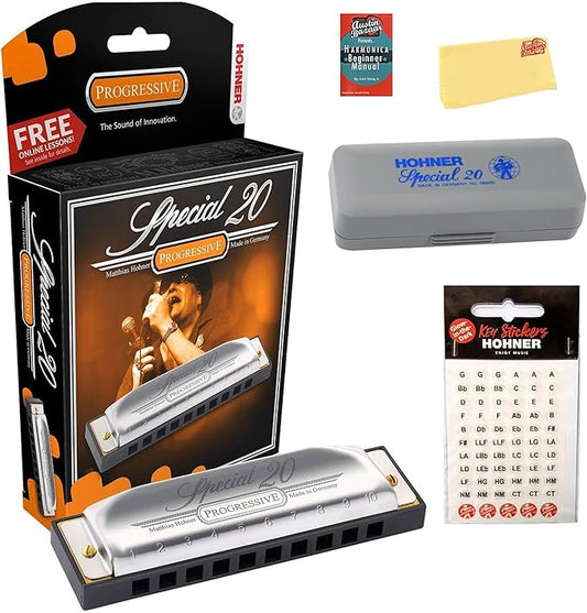 Hohner 560 Special 20 Harmonica - Key of A Bundle with Carrying Case, Key Stickers, Harmonica Beginner Manual, and Austin Bazaar Polishing Cloth