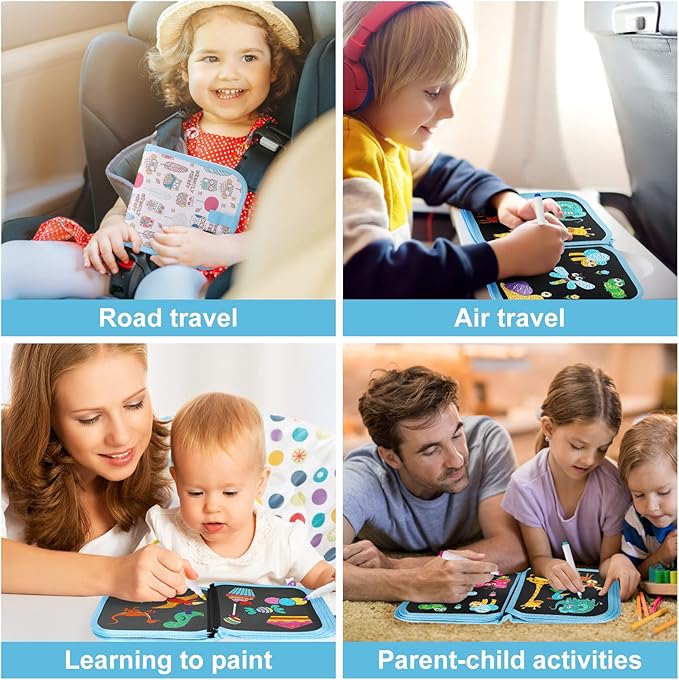 Erasable Kids' Doodle Set, Magic Drawing Book, Reusable 12 Watercolor Pens, 14 Page Car Game Set (Owl Blue)