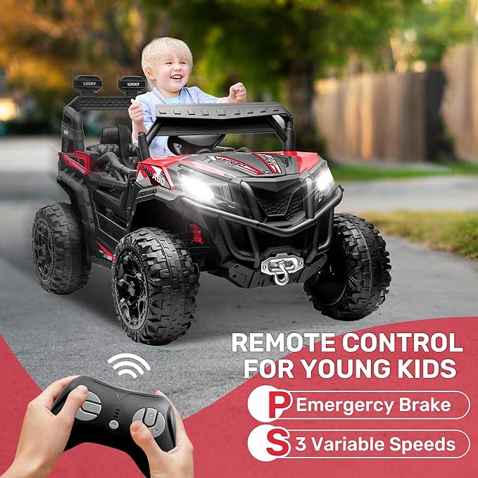 ANPABO 24V 4X4 Ride on Car Truck w/Remote Control, 4WD/2WD Switchable Kids UTV, 19" Spacious Seat, 4 Shock Absorbers, Soft Start, Music Player, Electric Car for Kids Ages 3+(Red)