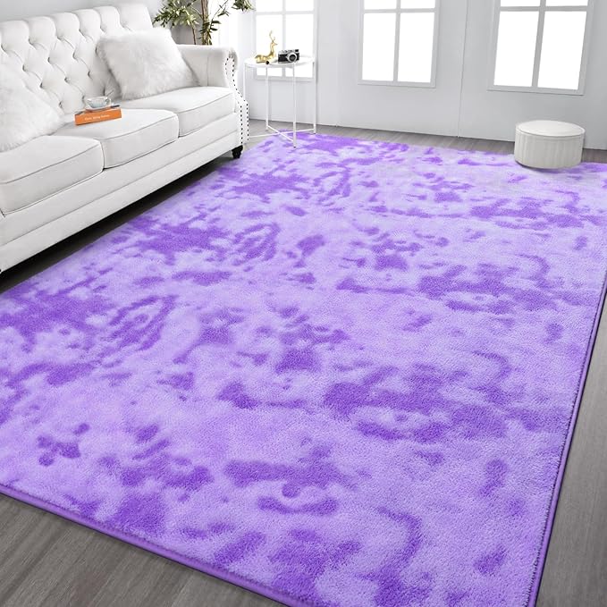 Kimicole 6x9 Washable Area Rugs for Living Room Bedroom, Large Low Pile Ulta-Thin Solid Color Rug, Non-Slip Soft Fluffy Carpet for Nursery Kids Room Dorm Room Home Decor (Purple)