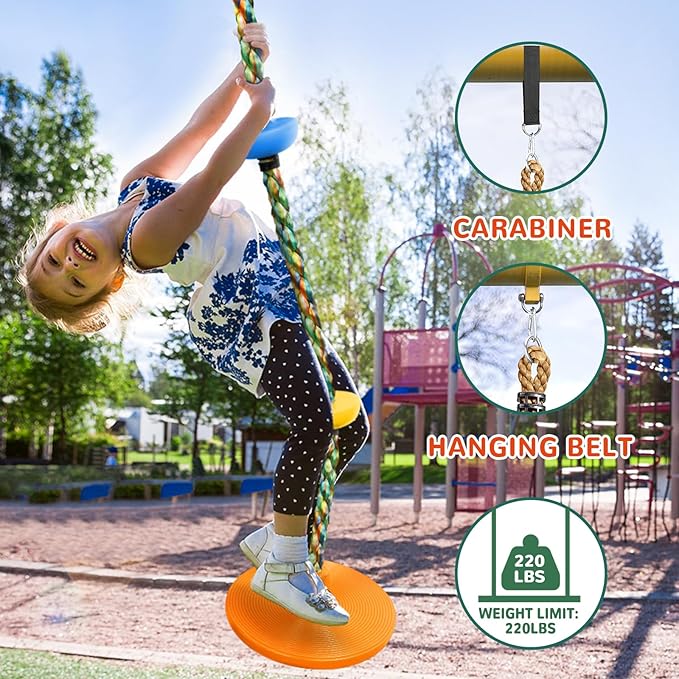 Tree Swing Rainbow Climbing Rope, Heavy Duty Swing Disc Seat Replacement for Kids with Hanging Strap and Platform Carabiners Indoor/Outdoor Playground Accessories (Orange)