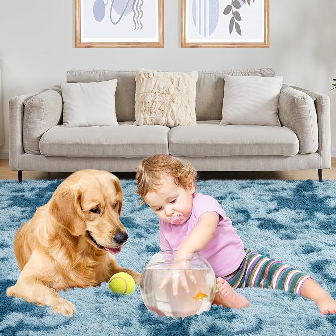 Luxury Area Rug, 6x9 Rugs for Living Room, Ultra Soft Rugs for Bedroom, Non-Slip Indoor Carpet for Nursery, Kids Room, Playroom, Home Decor, Tie-Dyed Blue