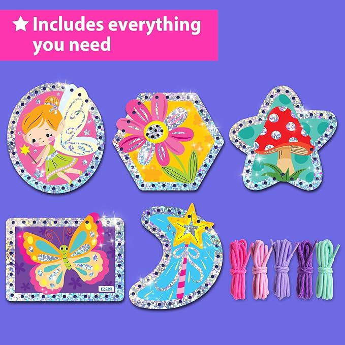 EZCRA Premium Foil Edge Lacing Cards for Kids Ages 3-6 | 5 Double-Sided Fairy Sewing Cards with Multilingual Learning | Durable Cardboard Fine Motor Skills Activity Kit