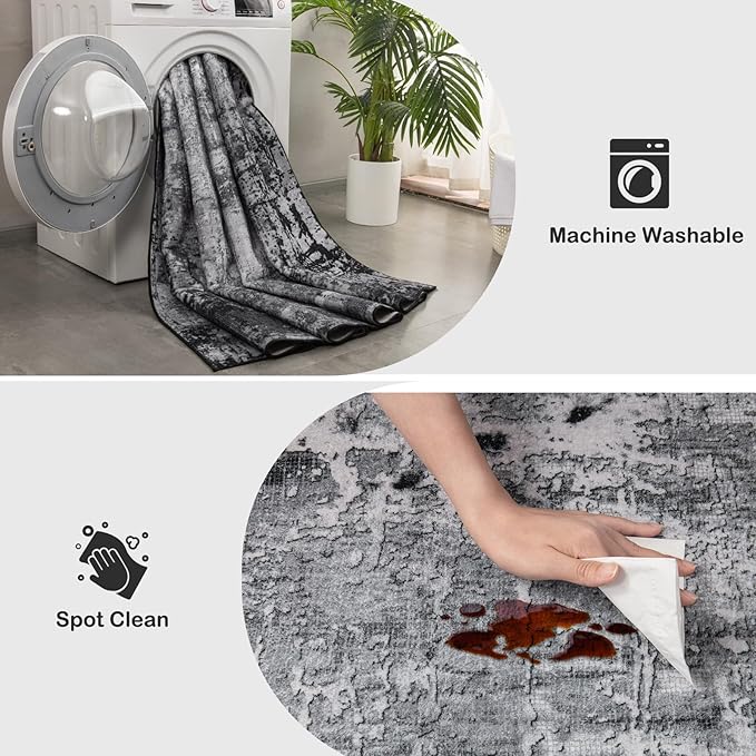 Kelarea Living Room Rug, 6x9 Area Rug Modern Abstract Washable Rugs, Black Non Slip Low Pile Carpet, Stain Resistant Large Rugs for Bedroom, Dining Room, College Dorm, Home Office