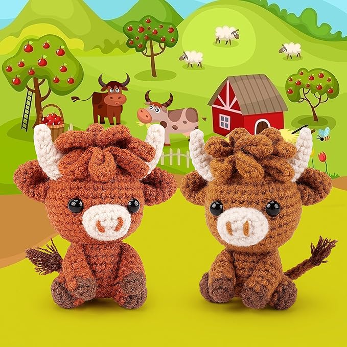 Highland Cow Crochet Kit for Beginners - 2PCS Animals Crochet Kit with Step-by-Step Video Tutorials, Highland Cows Crocheting Kit, Crochet Starter Kit for Kids and Adults, Stuffed Animal Knitting Kit