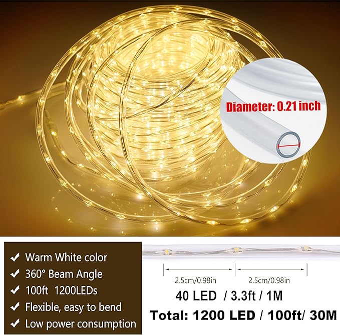 100ft 1200 LED Rope Lights Outdoor, Connectable Warm White Rope Lights Plug in, Outdoor String Lights Waterproof Decorative Lighting for Deck Patio Backyard Garden Pool Camping Room Indoor Décor