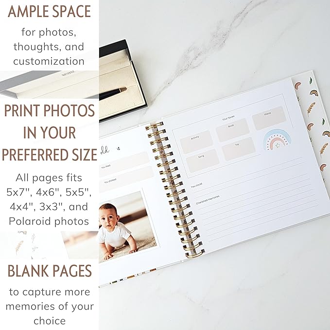 Baby Album Memory Book for Girl or Boy - First 5 Years Unisex Bohemian Rainbow Keepsake Journal to Log Newborn Milestone - Photo Album Scrapbook for Baby Shower - Unique New Parents Gifts for Couples