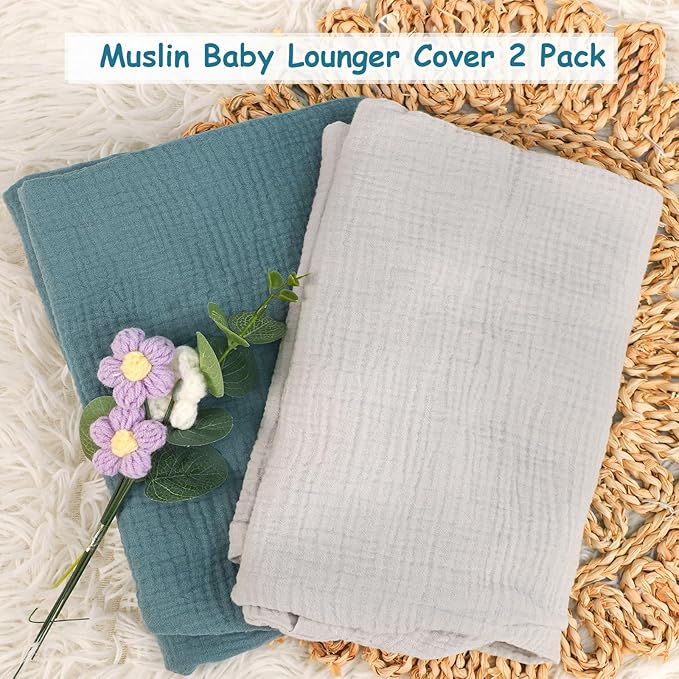 Hooyax Baby Lounger Cover 2 Pack - 100% Muslin Cotton Newborn Lounger Pillow Covers Only, Soft Breathable Infant Lounger Cover with Reinforced Stitching, Fits Most Standard Baby Loungers (Blue Grey)