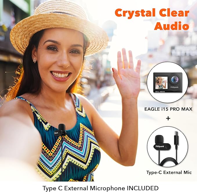 Eagle i15 ProMax Real 4k30FPS 20MP WiFi Action Camera Touch Screen EIS Stabilization Dual Screens Underwater Waterproof Sports Camera, 2 Batteries, Dock, External Microphone, Accessories Kit