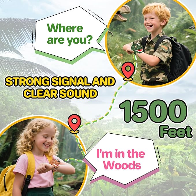 Dinosaur Walkie Talkies for Kids Rechargeable, Wrist Walkie Talkie with Flashlight, Outdoor Toys Camping Gear, T-Rex Dino Toy Birthday Gifts for Boys Girls Age 3-12 Years Old