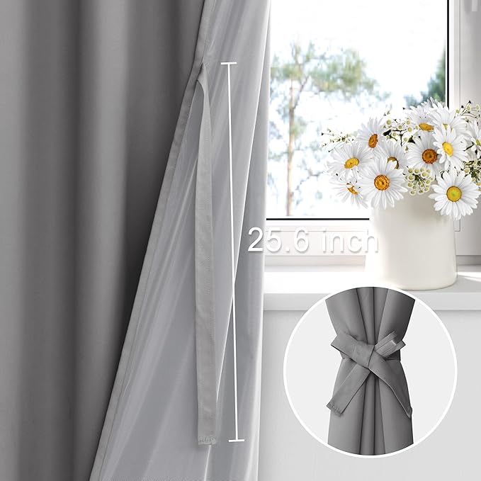 XWZO 100% Blackout Curtains with Tiebacks- Rod Pocket Heat and Full Light Blocking Window Panels for Bedroom/Nursery, 63 Inches Long Thermal Insulated Draperies, Grey, W60 x L63, Set of 2