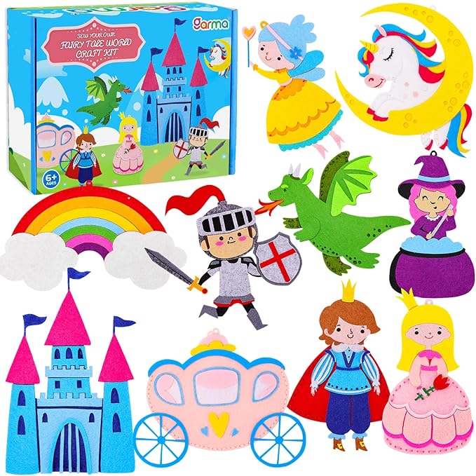 Garma Fairytale Sewing Kit for Kids - 12 in 1 DIY Kids Sewing Crafts Kit for Beginners - Mini Sewing Kits for Kid 5-8 8-12 - Easy Sew Your Own Felt Fairy Tale Craft Set for Boys & Girls Birthday