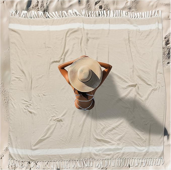 Oversized Turkish Beach Towel Blanket XXL Cotton Sandproof Towels Boho Woven Extra Large Big Sand Free Giant Throw Thick Blankets Huge Quilt XL Picnic Camping Necessities Cloud For Adult Gifts Beige