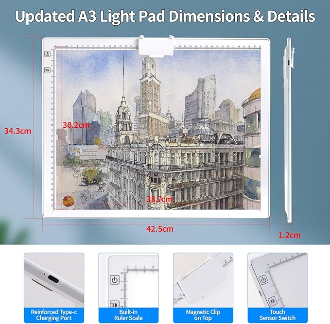Elice Rechargeable A3 Light Pad with Carry Bag, Top Clip, Foldable Stand, 3 Colors/6 Levels/Stepless Brightness Wireless tracing Light Box/Board for Diamond Painting, Cricut Weeding Vinyl (White)