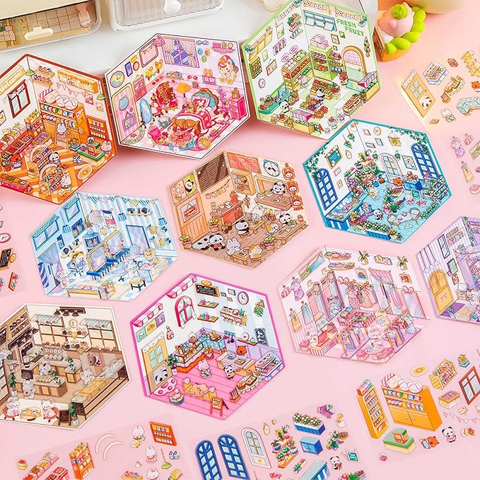DIY 3D Sticker Scene，10 Sets Pack（600+） Large-Sized, Reusable Sticker Book, Cute Sets for Free Combination, Waterproof for Anywhere, Crafts Party Favors Birthday Gift