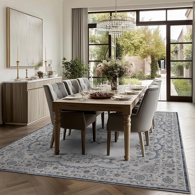 Washable Rugs 5x7 Area Rugs for Living Room, Thin Carpet for Bedroom, Soft Faux Wool Retro Dining Room Rug，Non Slip&Non-Shedding Resistant Low Pile Vintage Print Rug for Home Office (Grey/Blue)